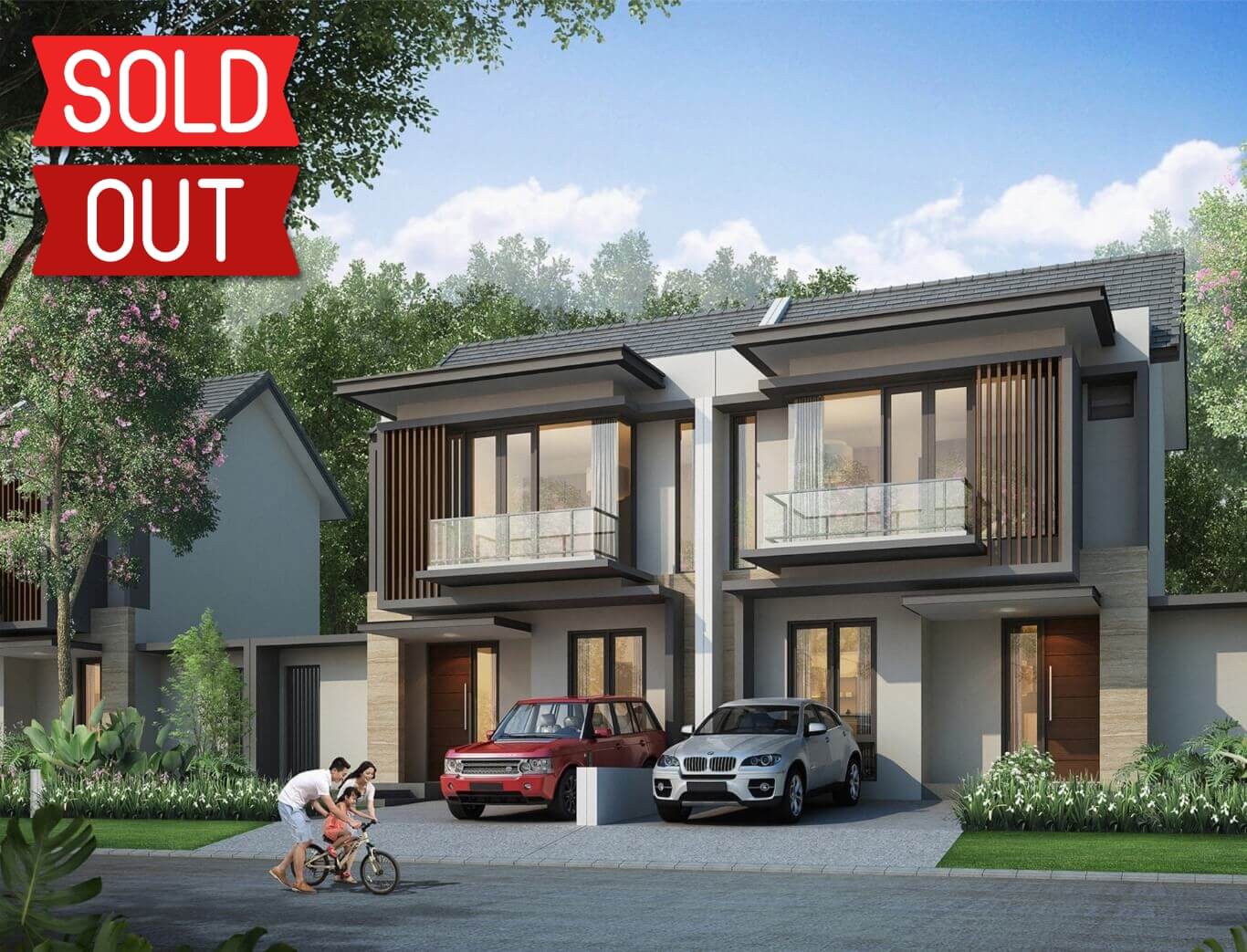 Modern two-story townhouse pair with parked cars, a family biking nearby, and a red 'SOLD OUT' banner in the corner.